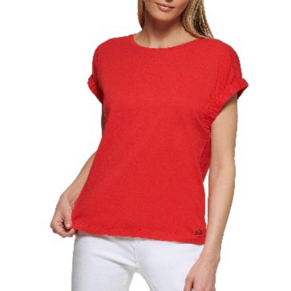 Dkny Poppy Red Cap‎ Sleeve Elastic Cuff Relaxed Fit T-Shirt XL designer EUC